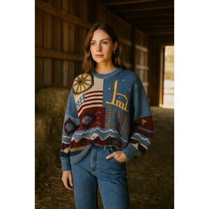 Vintage 90s Wool Americana Sweater Unisex XL – Western Patchwork Cozy Fall Knit